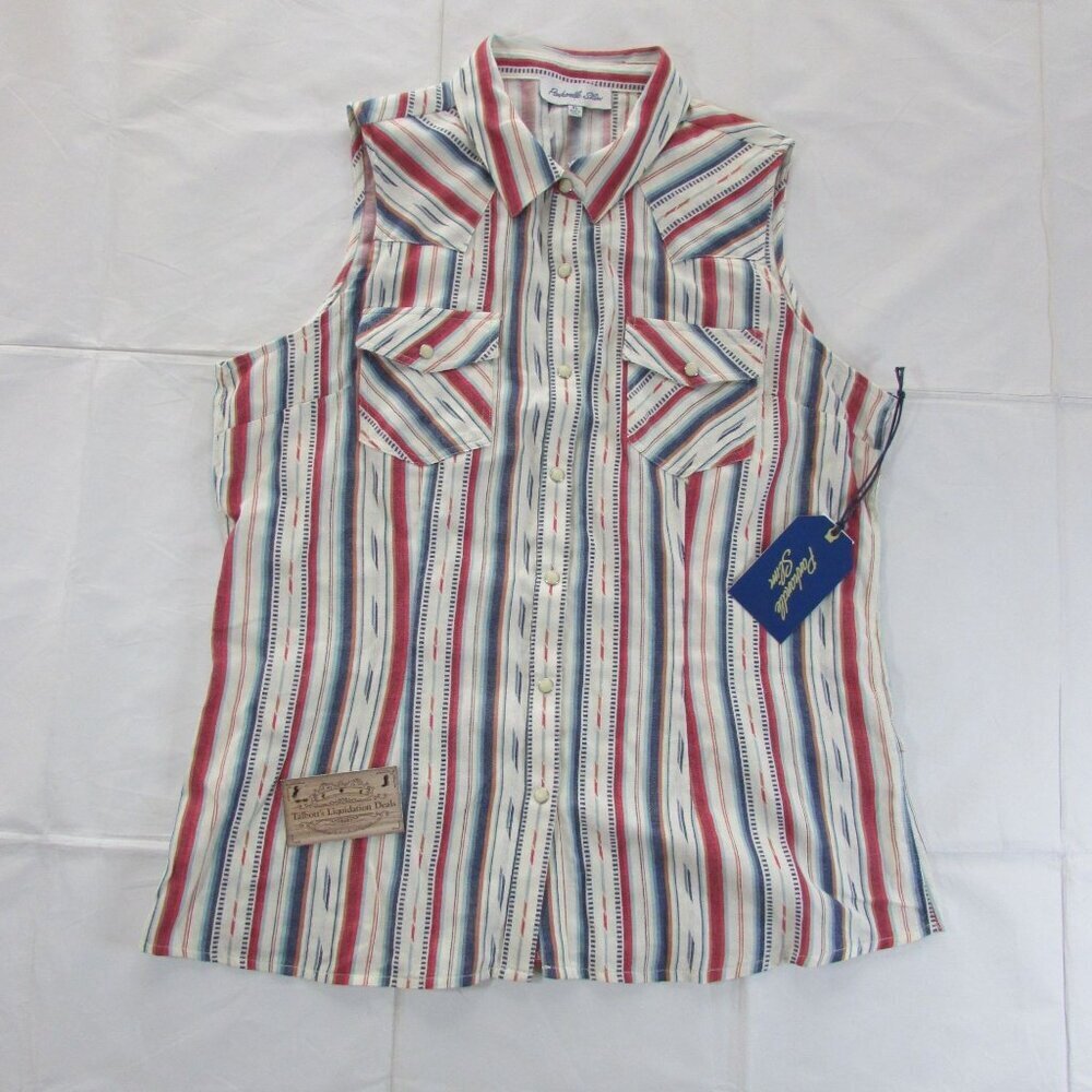 Panhandle Slim Women's XL Sleeveless Stripe Snap Western Tank Top Shirt Cream
